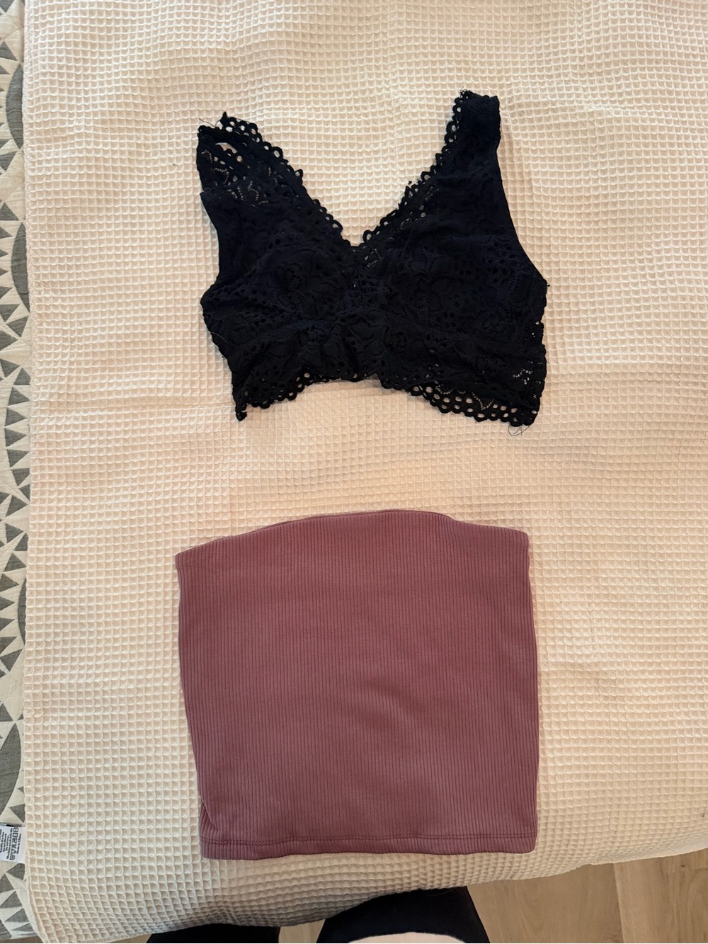 Altar'd State Black Lace Bralette & Mauve Ribbed Strapless Top American Eagle